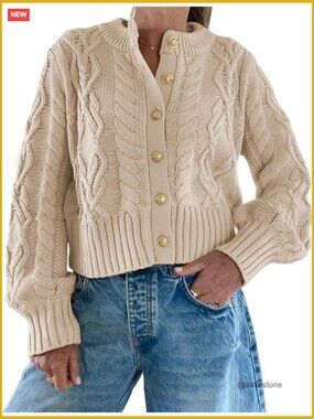 Cropped Cable Knit Cardigan Button Up Chunky Sweater